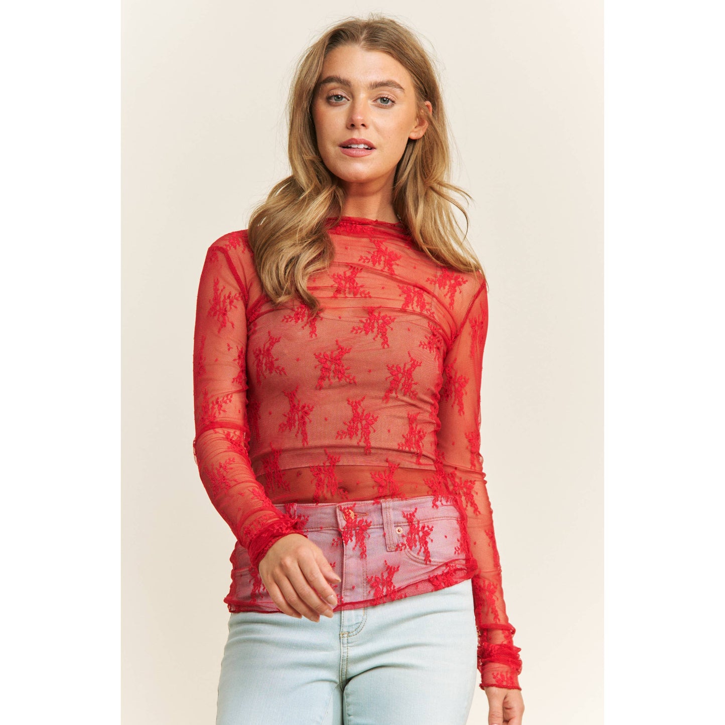 Red Sheer Lace Layering Top