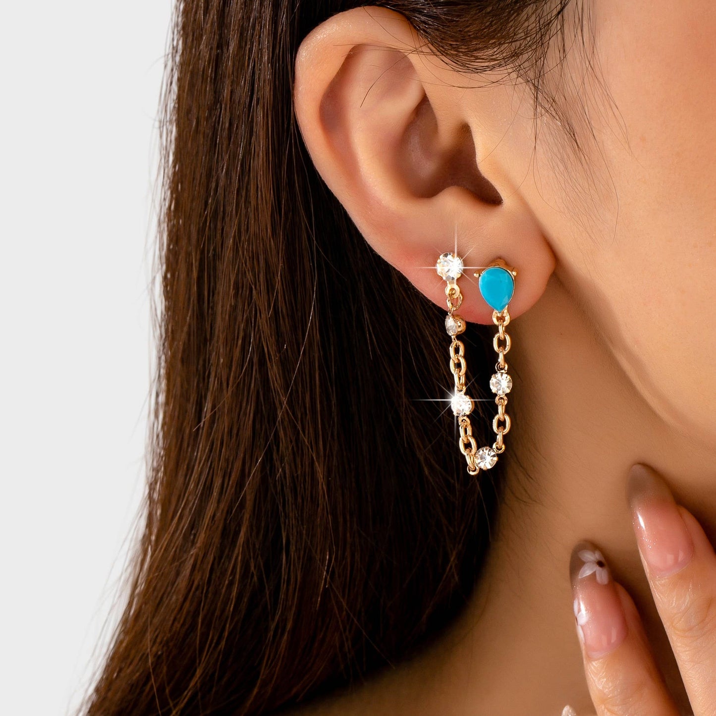 Turquoise Crystal Chain Loop Earrings