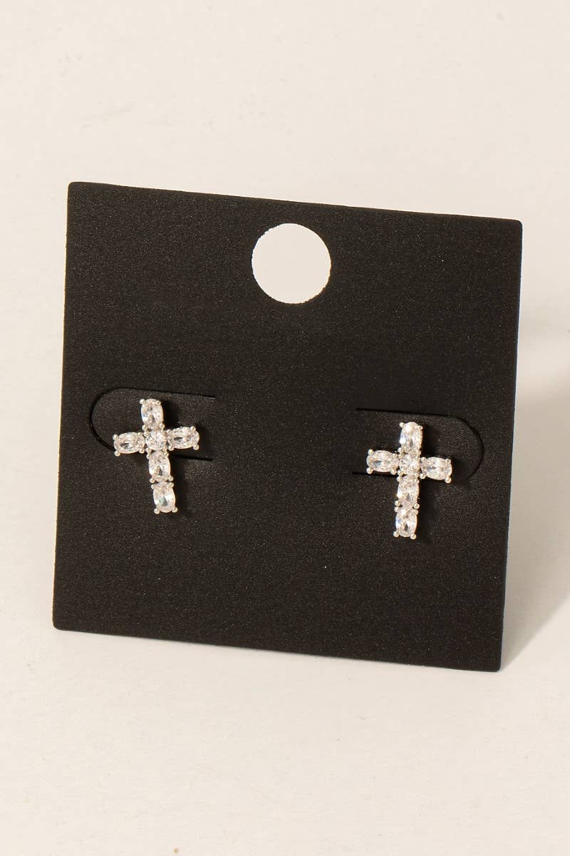 Gold Dipped Cz Studded Cross Stud Earrings