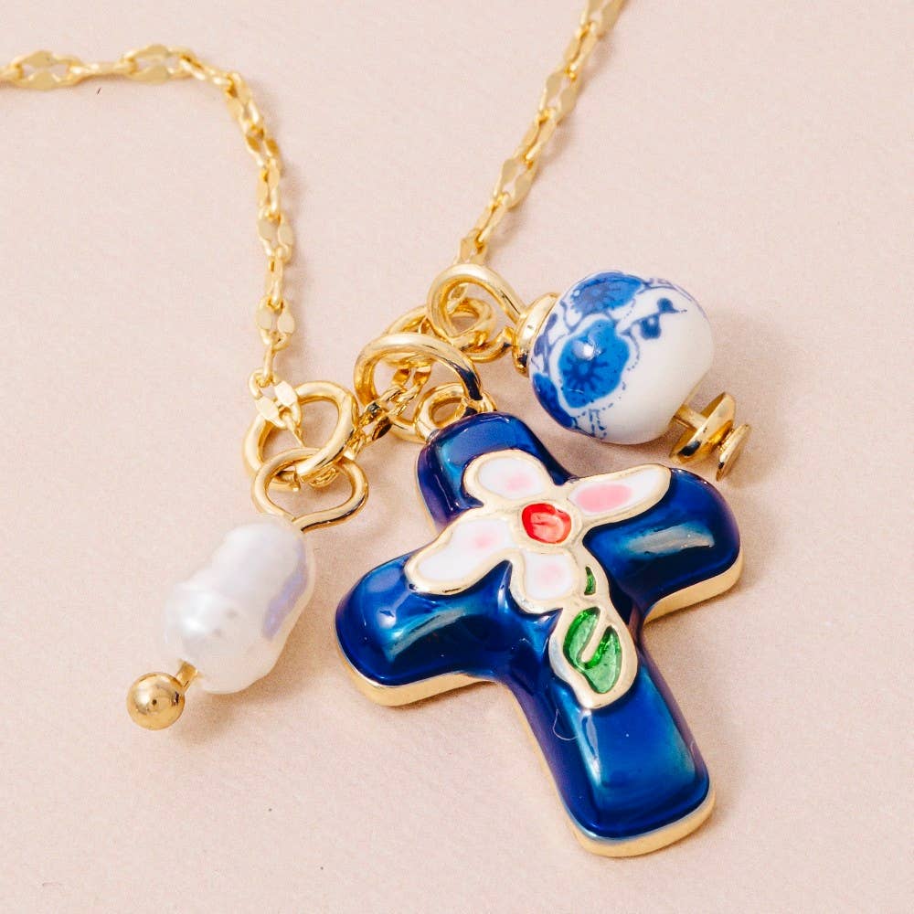 Enamel Cross And Ceramic Floral Charms Chain Necklace