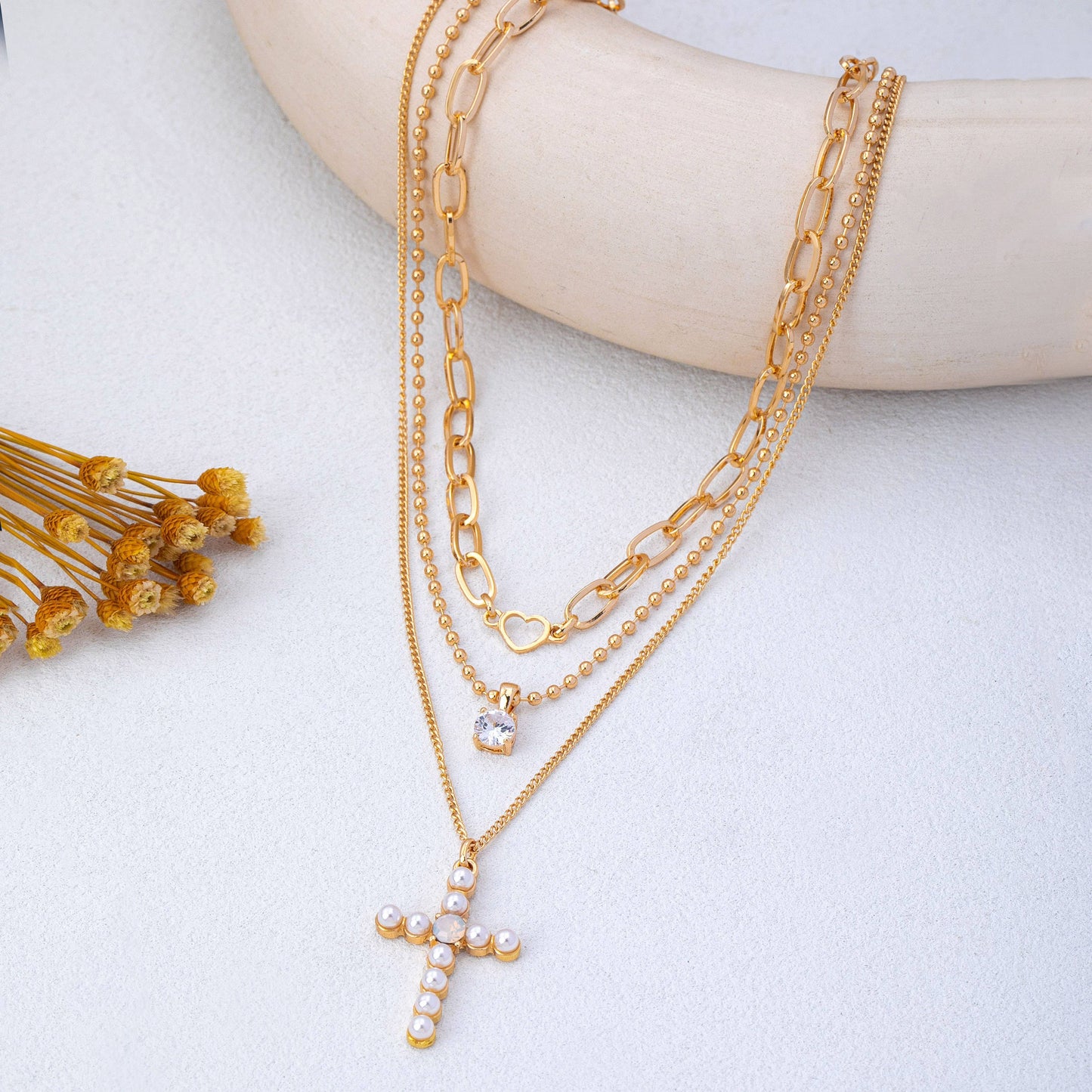 Multi-Layered Pearl Cross Rhinestone Necklace