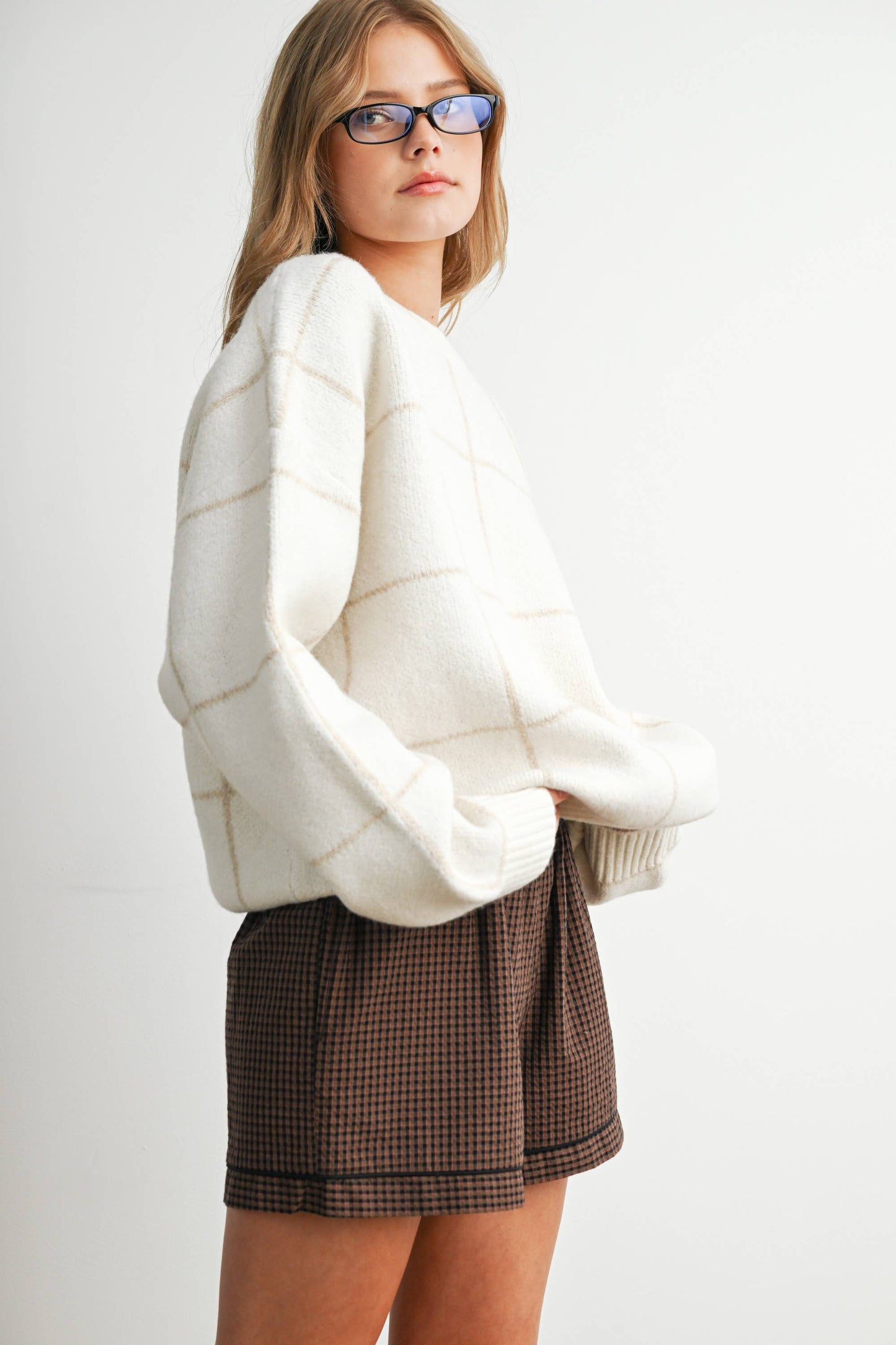 Checkered Crew Neck Knit Sweater