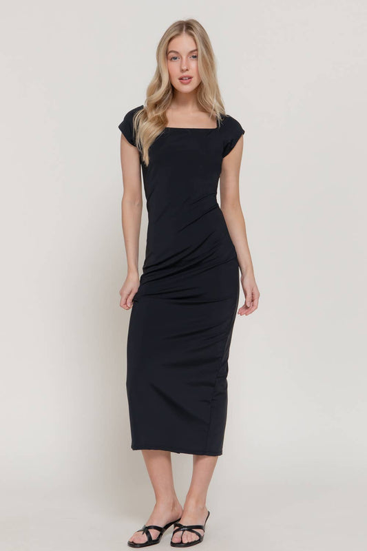 Cap Sleeve Wide Square Neck Power Span Jersey Midi Dress