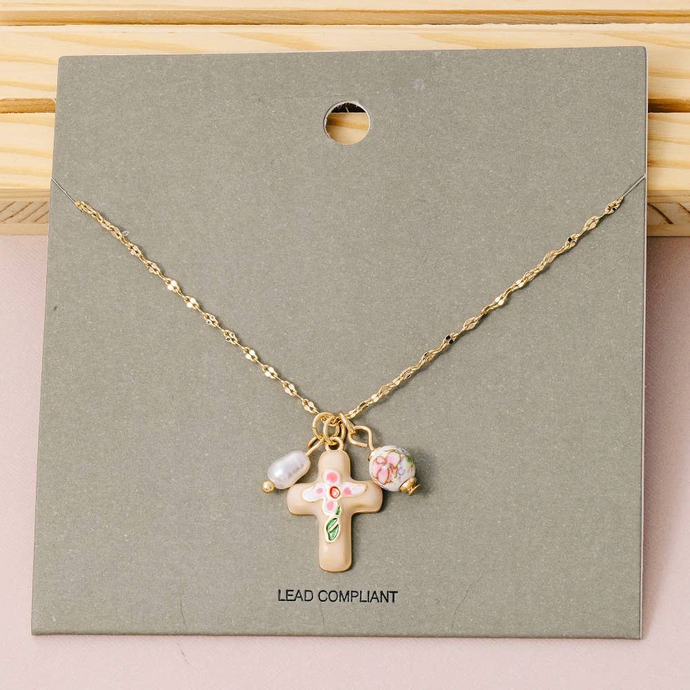 Enamel Cross And Ceramic Floral Charms Chain Necklace