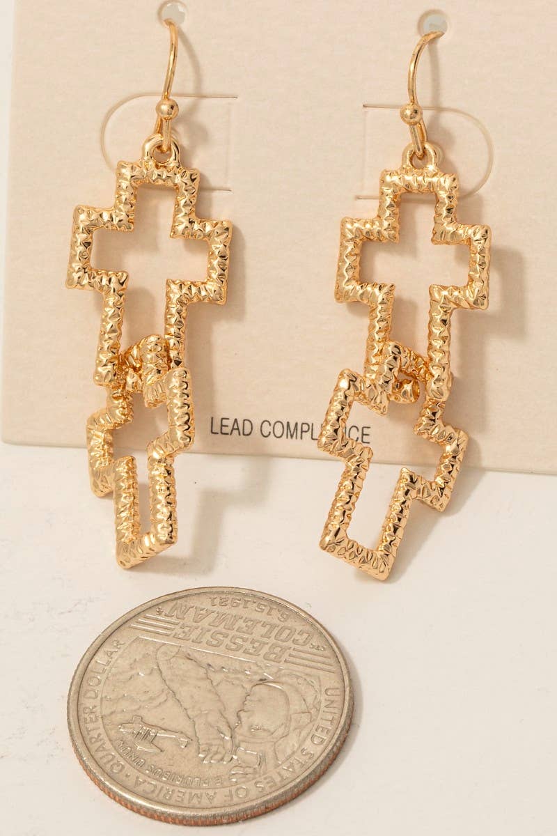 Double Textured Silver Cross Dangle Hook Earrings