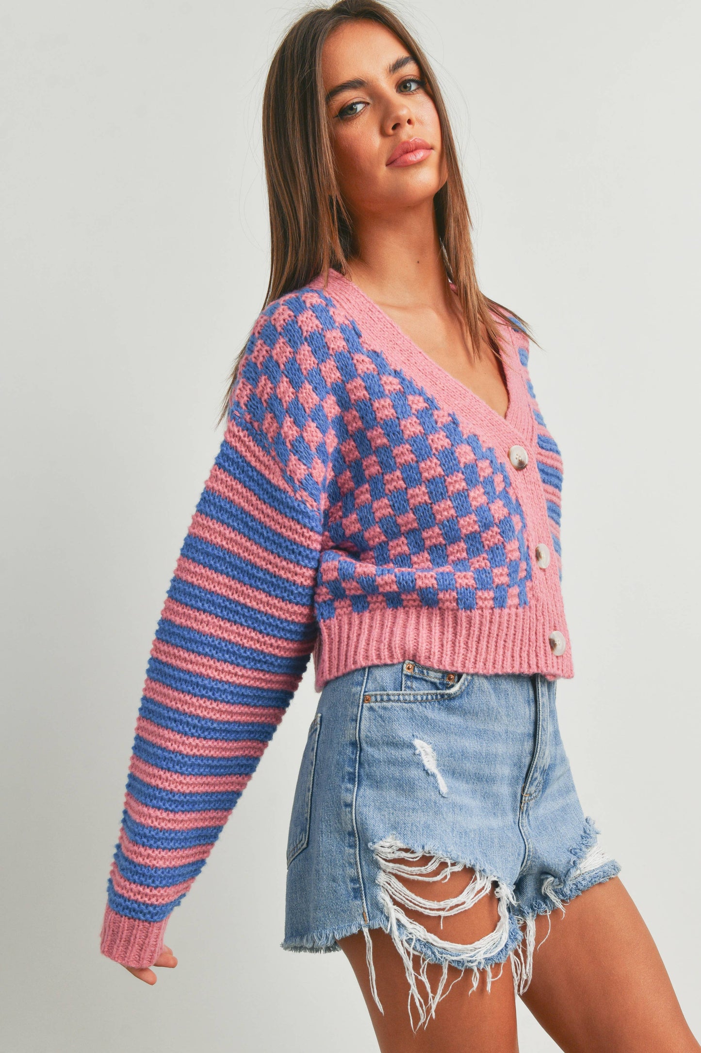 Oversized Button Down Checkered Stripe Cardigan