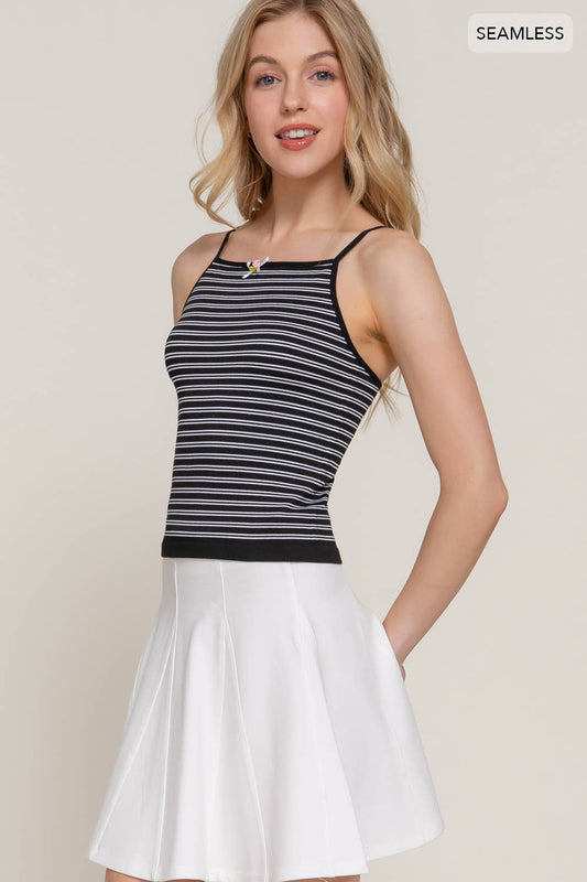 Straight Neck with Bow Detail Stripe Cami Seamless Top Black
