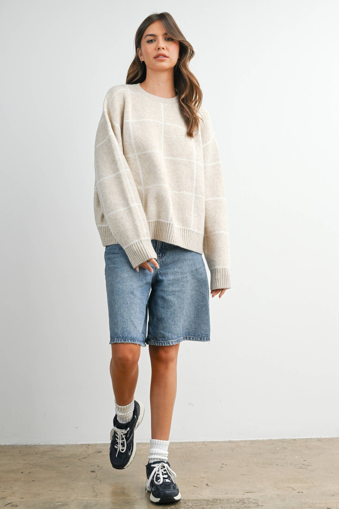 Checkered Crew Neck Knit Sweater