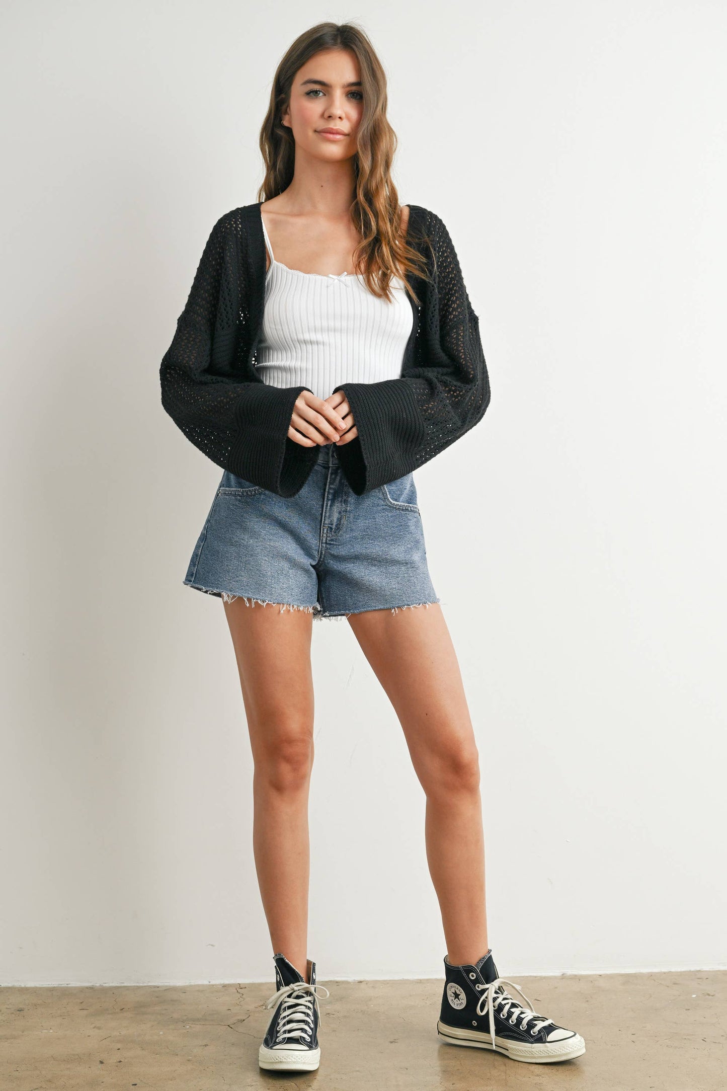 Wide Sleeve Textured Crop Cardigan Sweater
