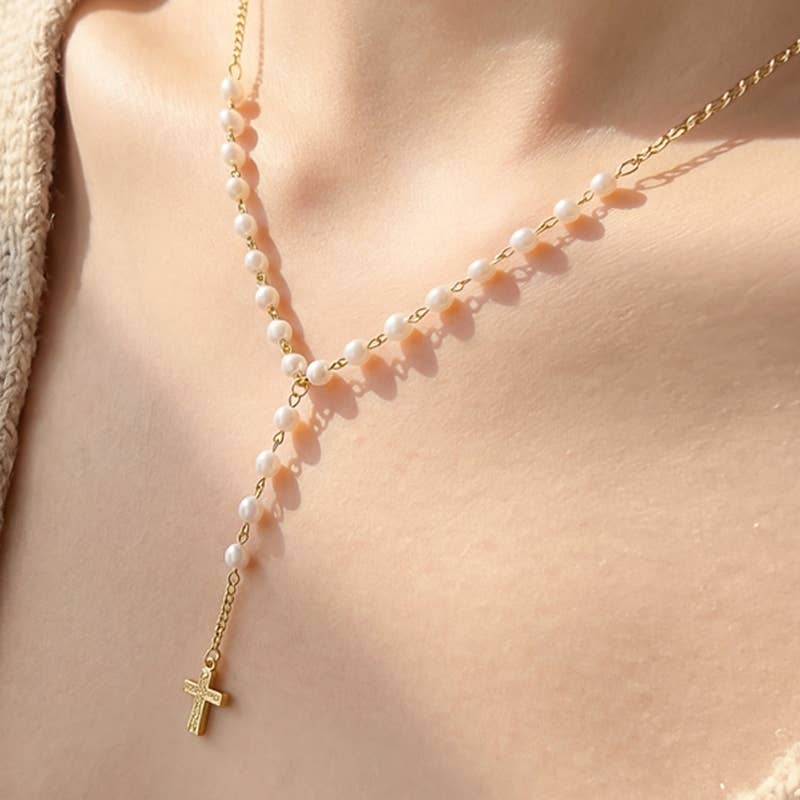 Pearl Beaded Y Chain Cross Pendant Necklace