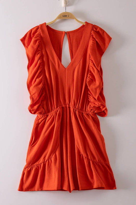 Back Cutout Detail Ruffled Sleeve Romper:Orange