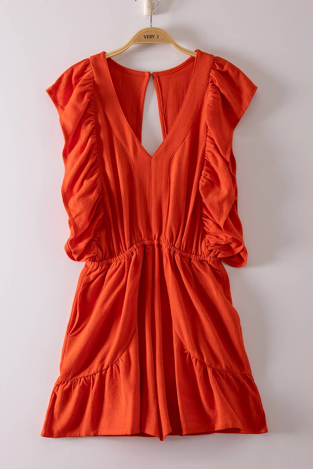 Back Cutout Detail Ruffled Sleeve Romper: BLACK