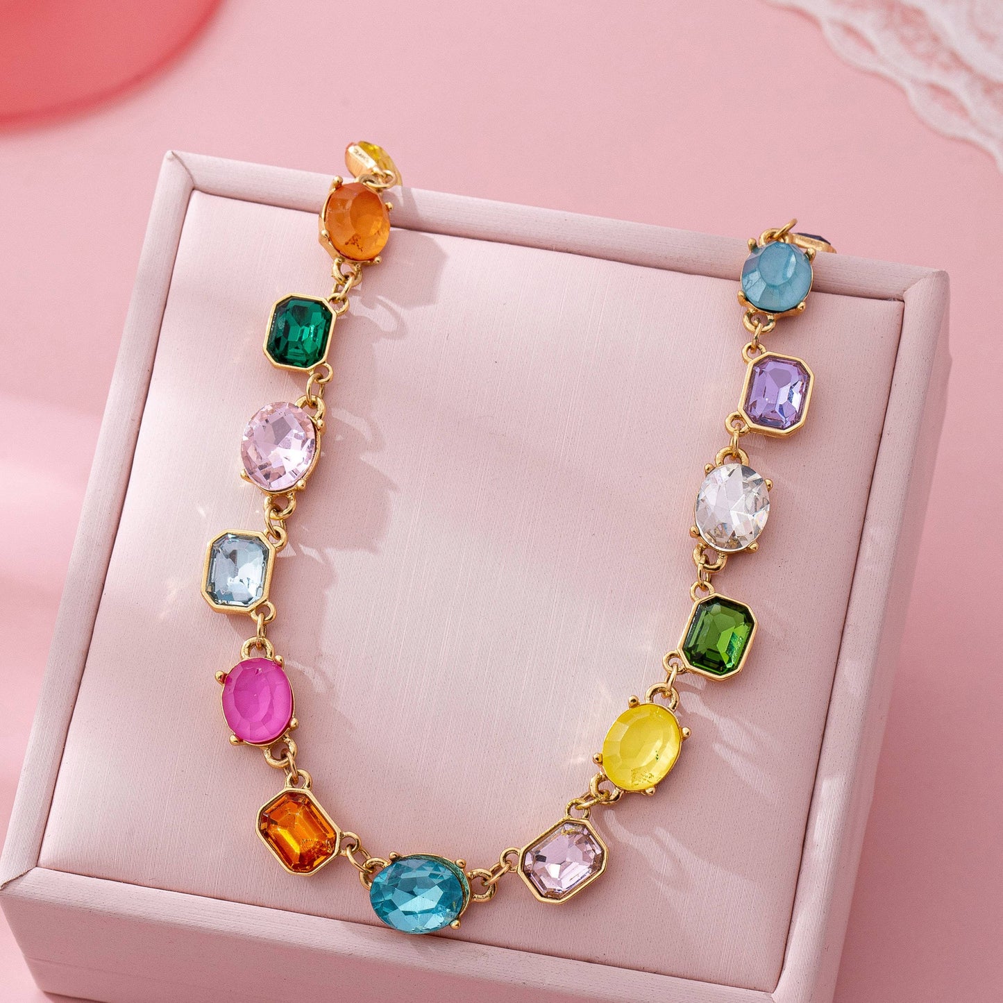 Multicolor Gemstone Link Necklace |  Gold