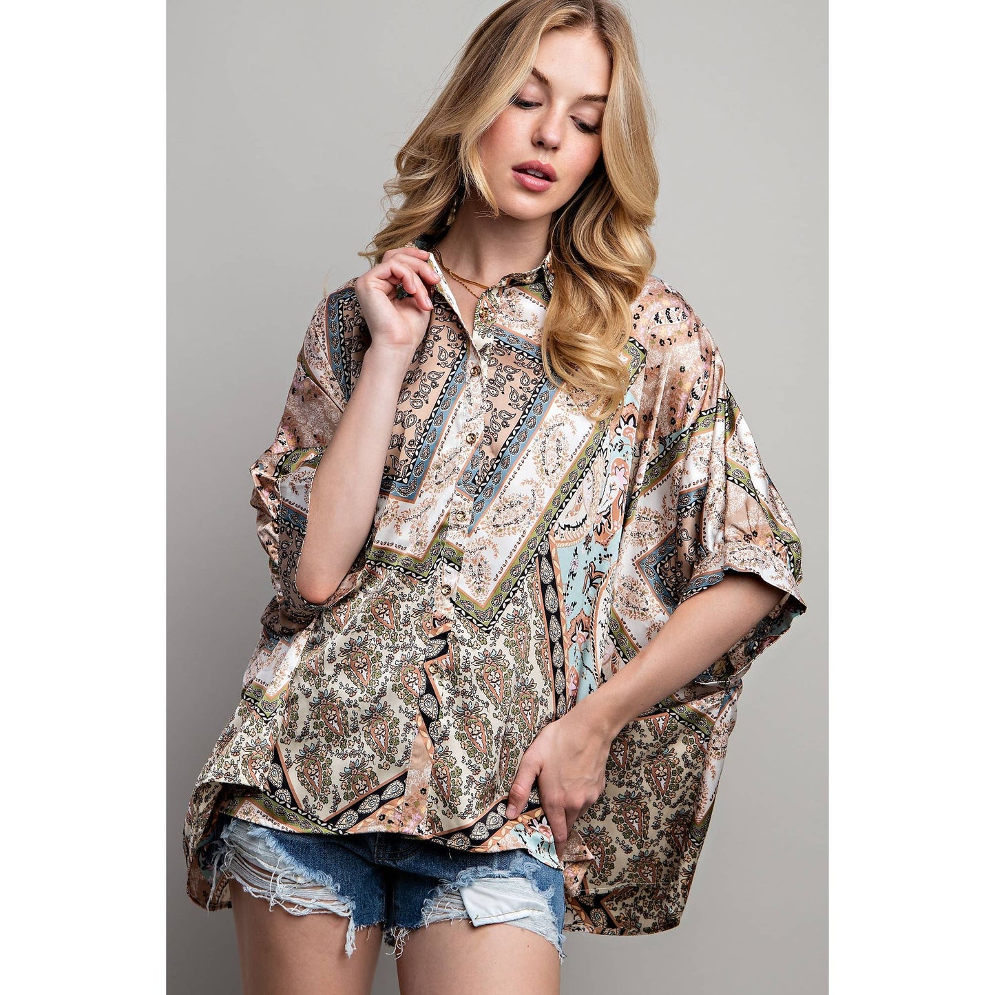 Satin Print Button Down Shirt: Mocha