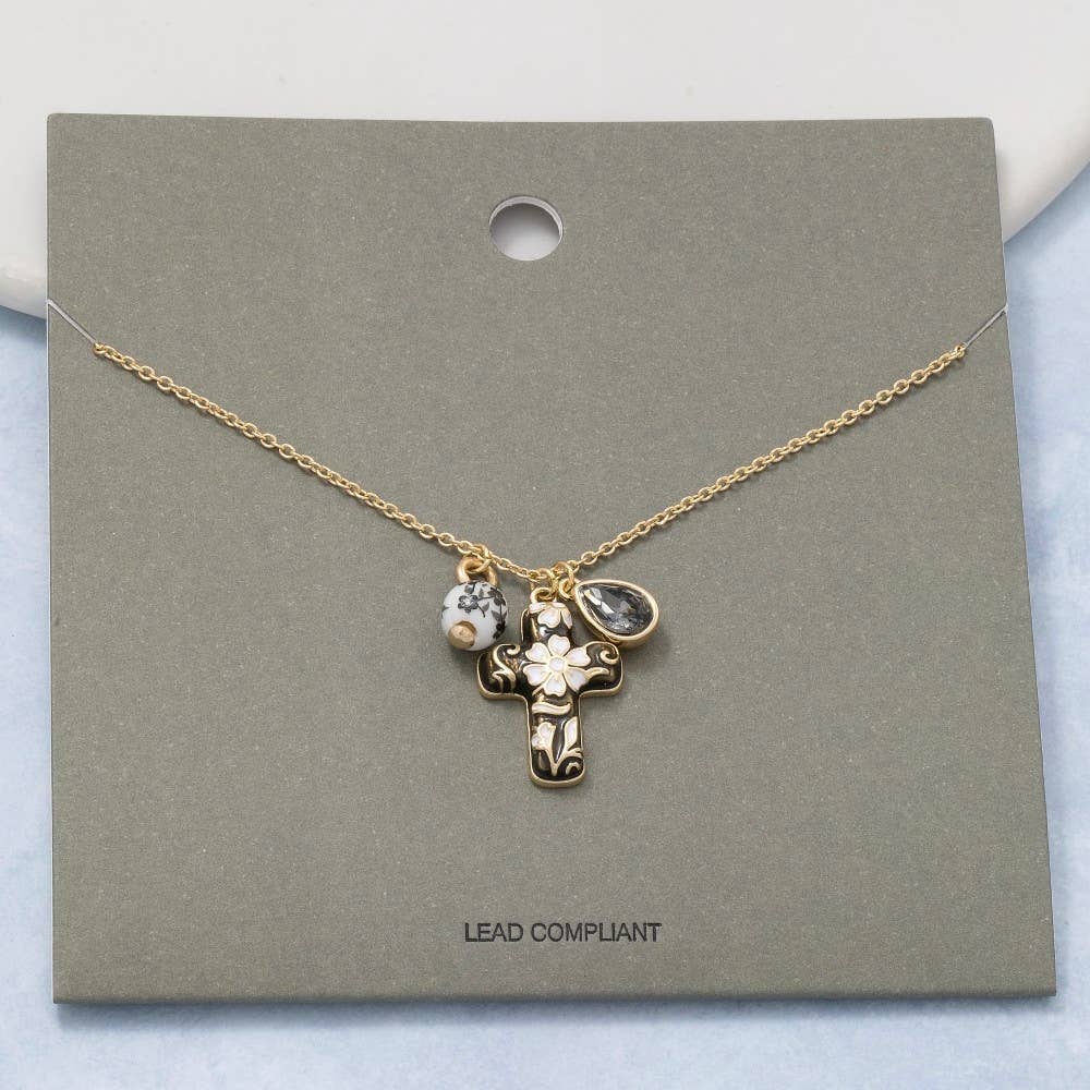 Ceramic Floral Cross And Bead Charms Chain Necklace