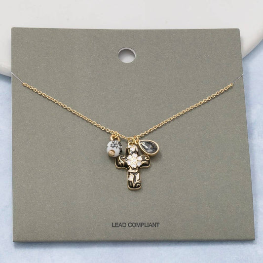 Ceramic Floral Cross And Bead Charms Chain Necklace