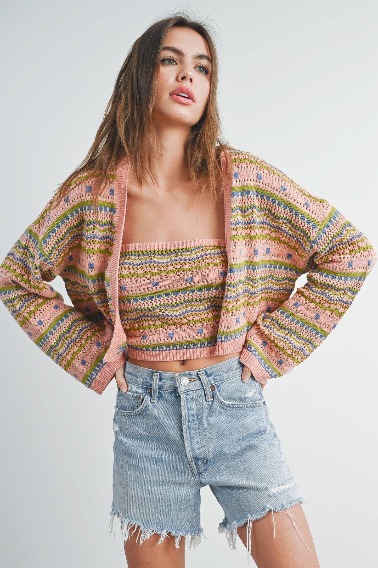 Striped and Geo Pattern Cardigan