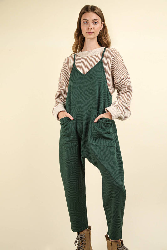 Quilted Loose Fit Casual Baggy Knit Jumpsuit: Olive