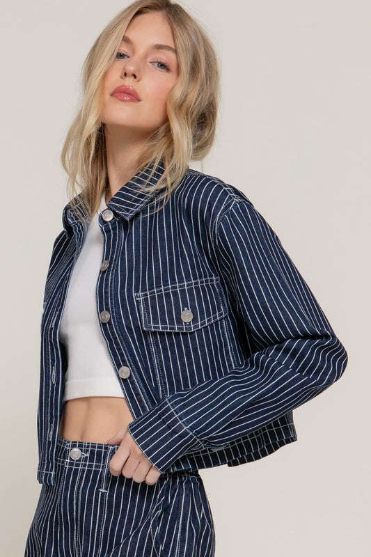 Dark Blue Pin Stripe Denim Jacket