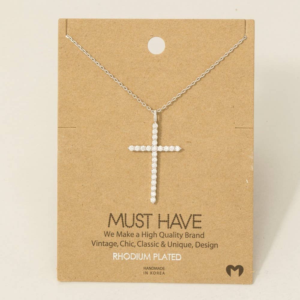 Metallic Pave Cross Pendant Chain Necklace
