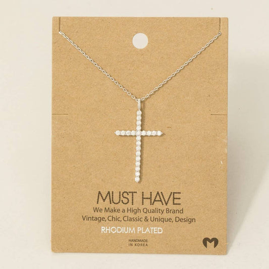 Metallic Pave Cross Pendant Chain Necklace