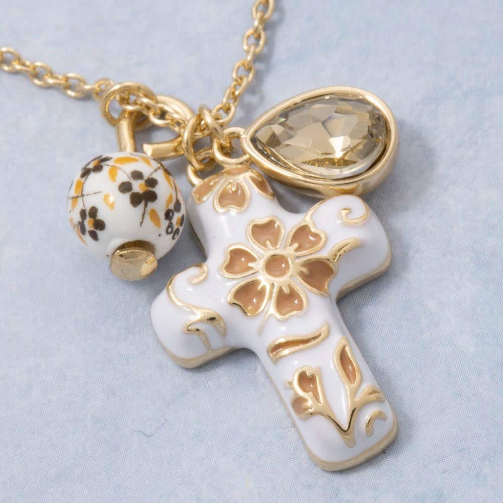 Ceramic Floral Cross And Bead Charms Chain Necklace
