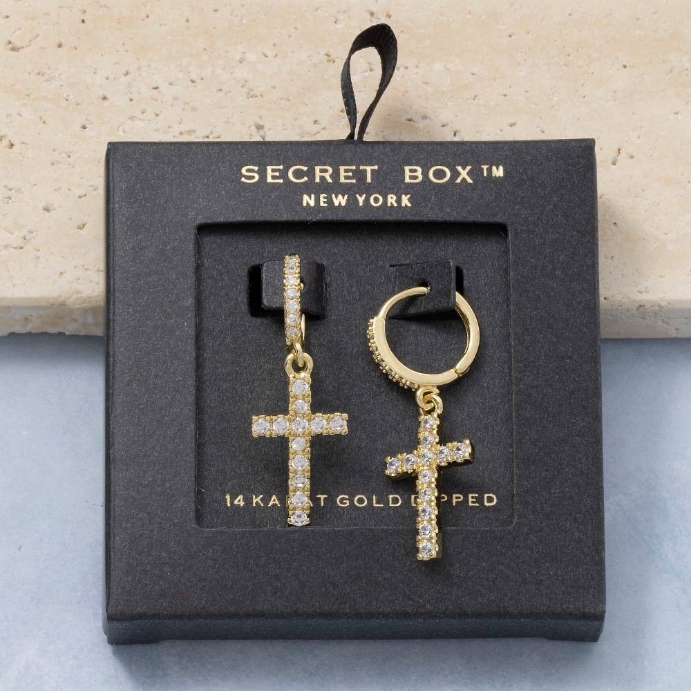 Secret Box Gold Dipped Cz Pave Cross Drop Earrings