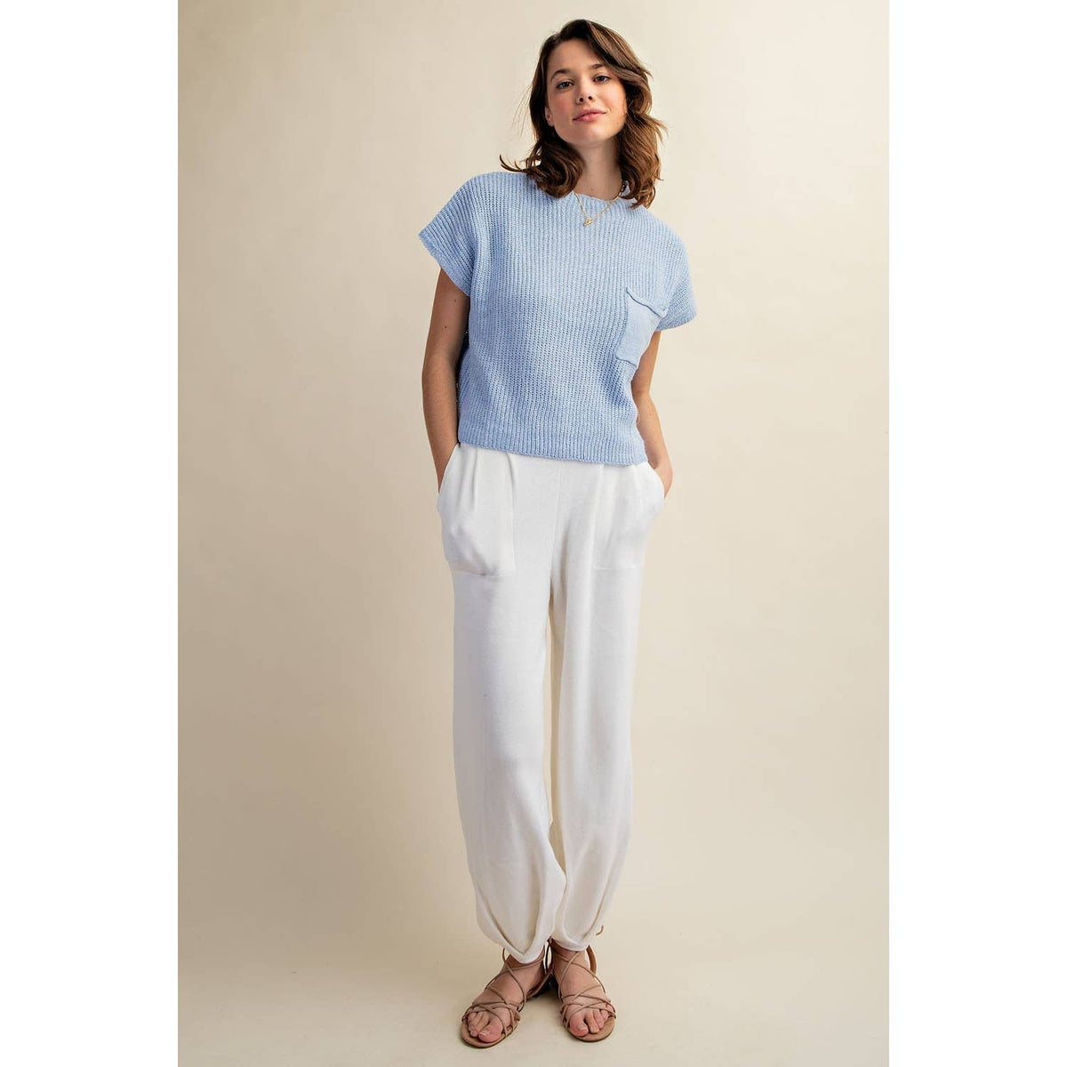 DROP SHOULDER RIB-KNIT SWEATER TOP