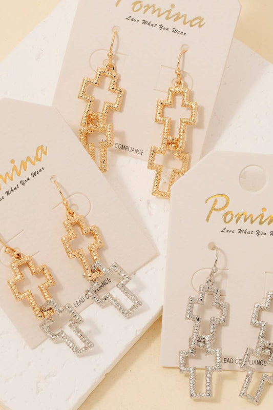 Double Textured Siver+Gold Cross Dangle Hook Earrings
