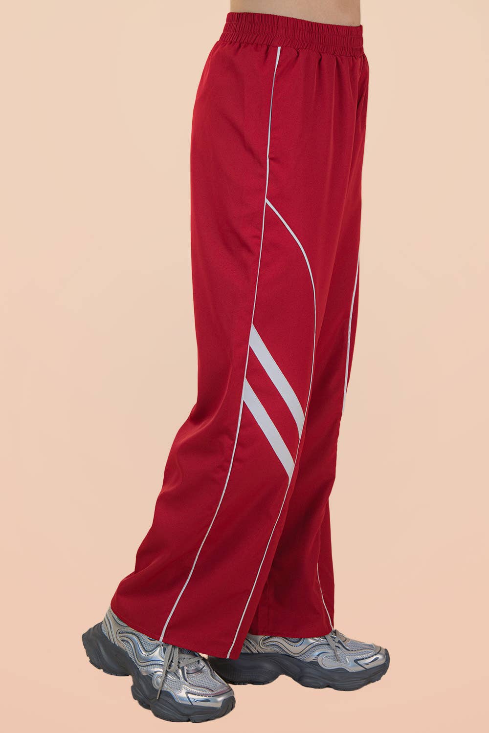 Red Wide Leg Track Pants W/ Piping Detail