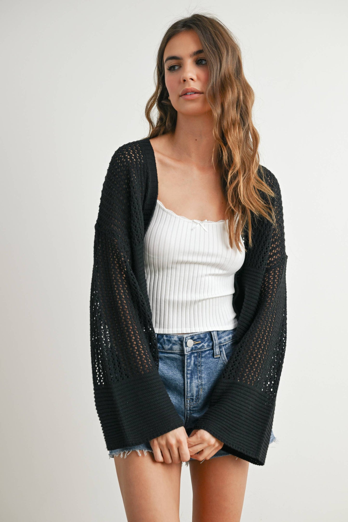 Wide Sleeve Textured Crop Cardigan Sweater