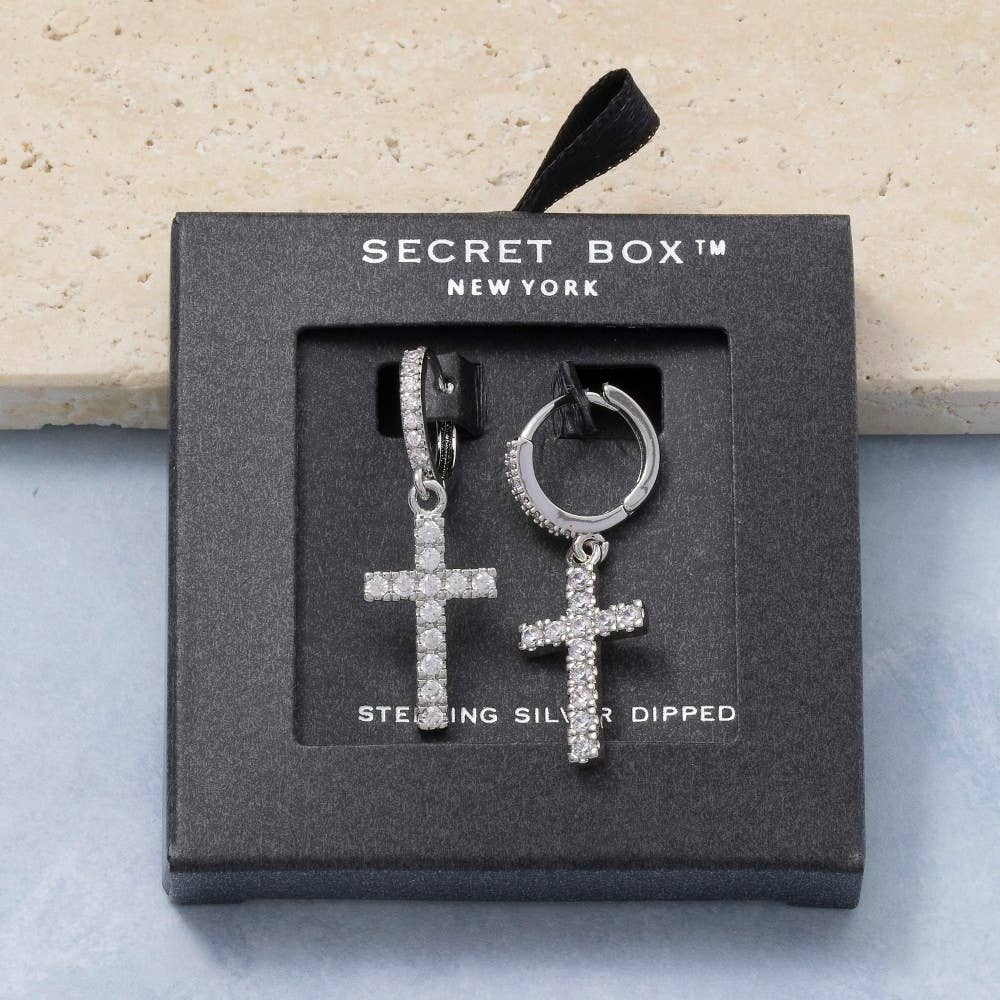 Secret Box Gold Dipped Cz Pave Cross Drop Earrings