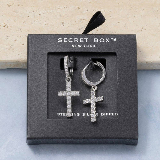 Secret Box Gold Dipped Cz Pave Cross Drop Earrings