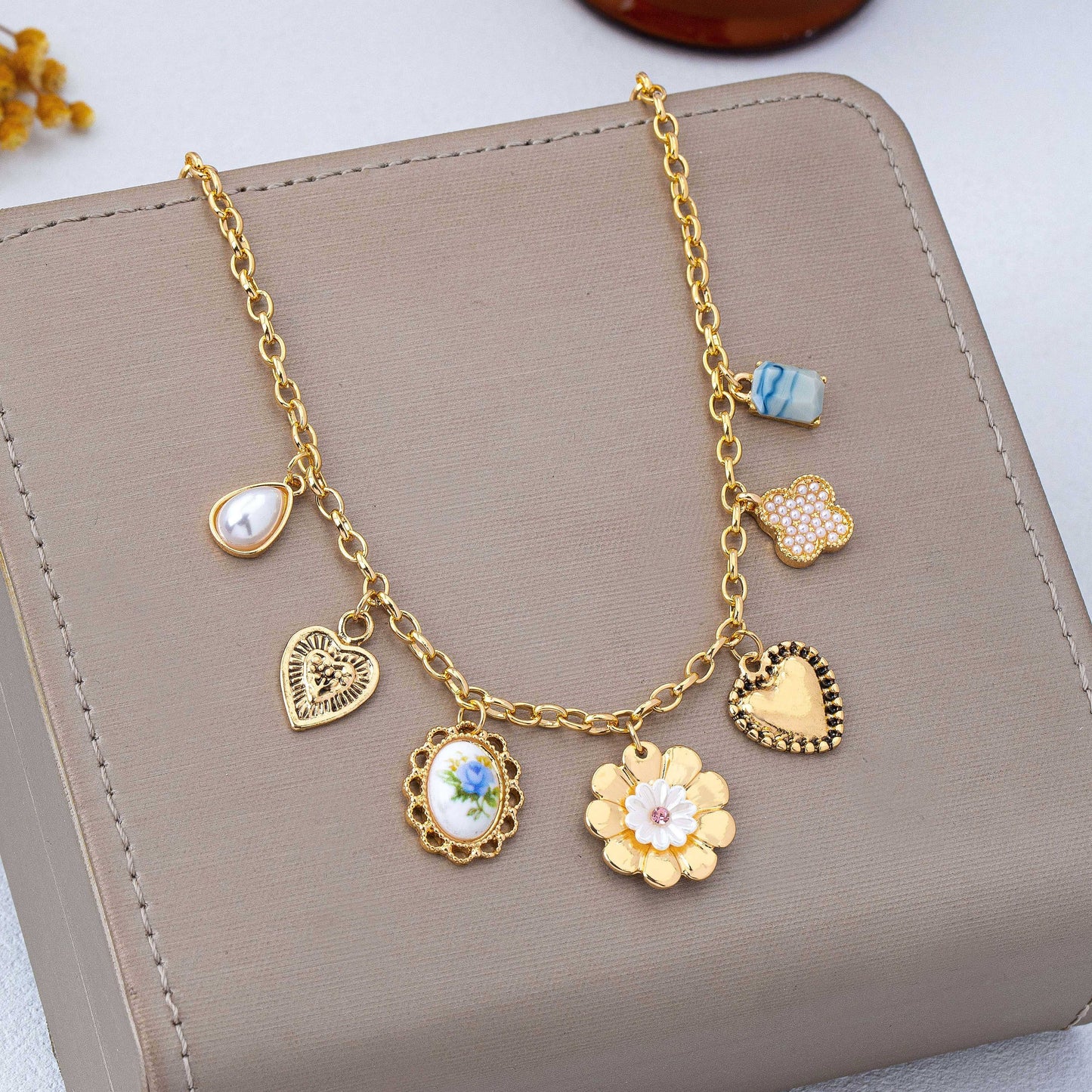 Vintage Heart Porcelain Multi Charm Necklace