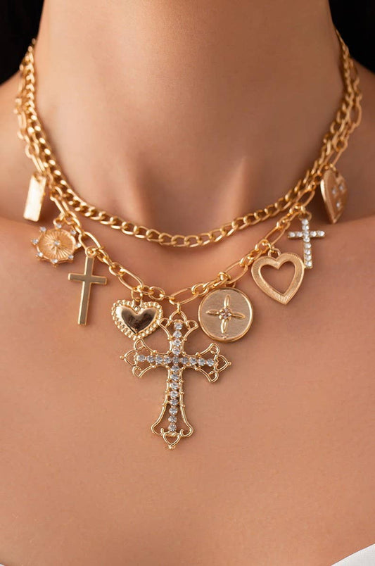 CHARM NECKLACE-MULTI CROSS CHARMS LAYERED NECKLACE