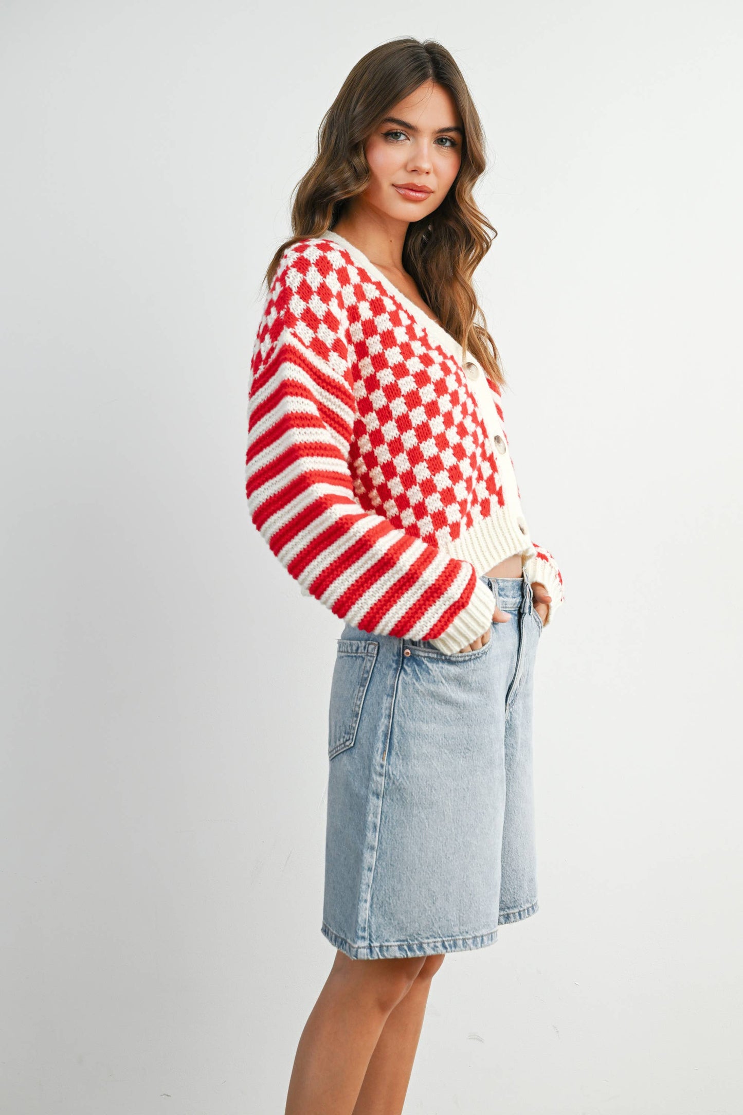 Oversized Button Down Checkered Stripe Cardigan