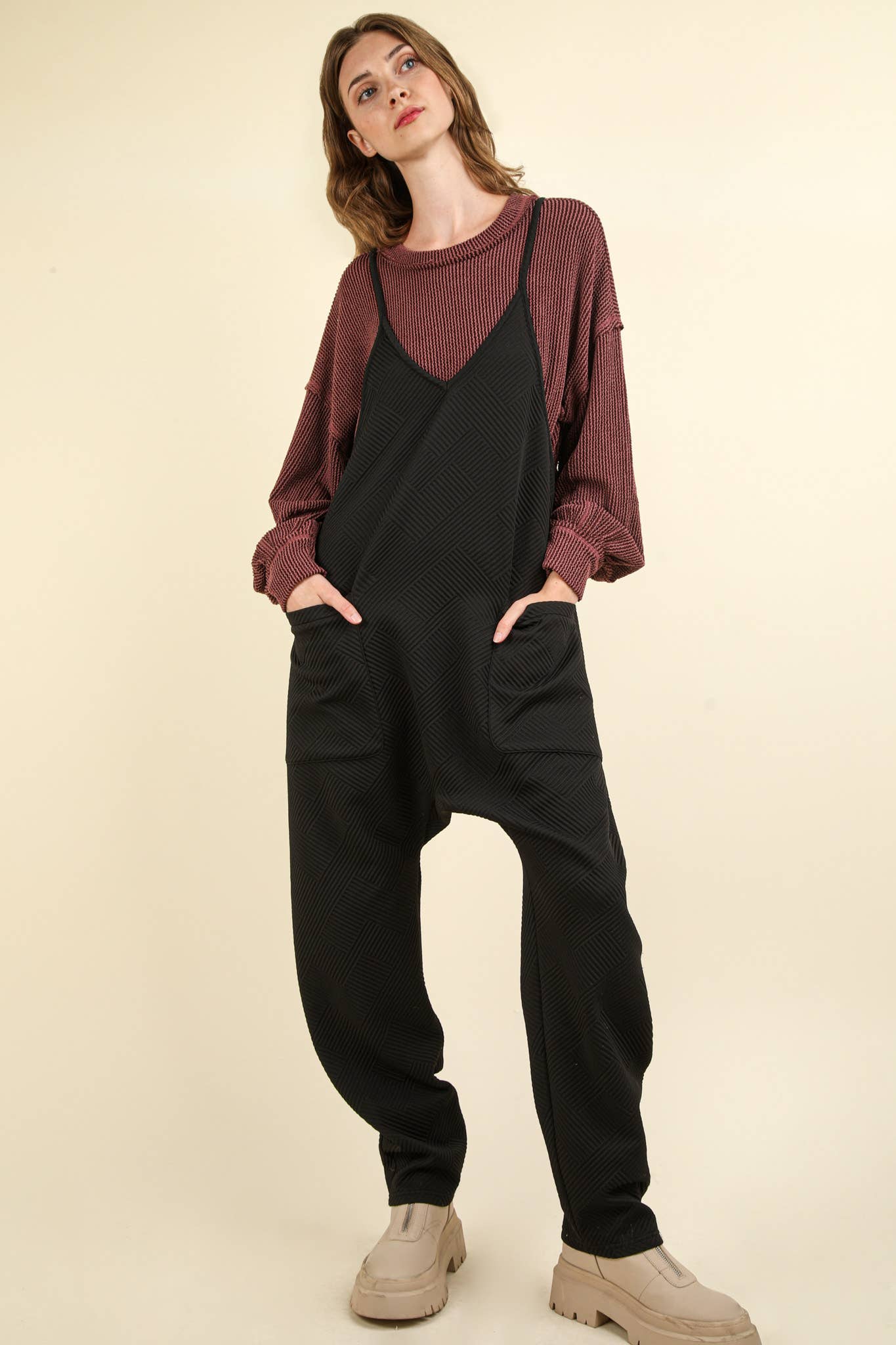 Quilted Loose Fit Casual Baggy Knit Jumpsuit: BLACK