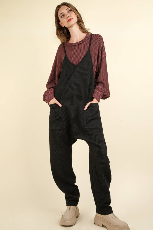Quilted Loose Fit Casual Baggy Knit Jumpsuit: BLACK