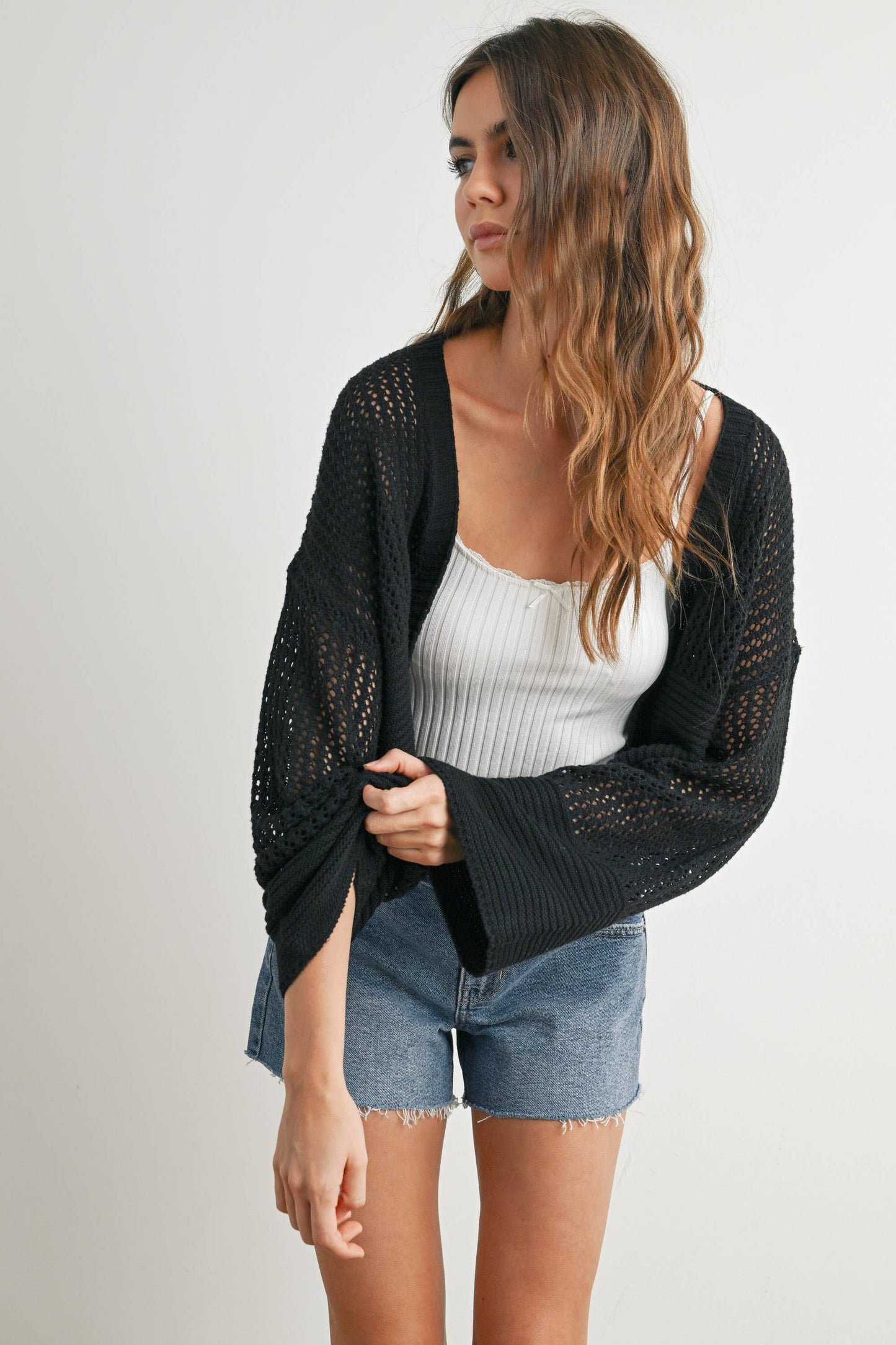 Wide Sleeve Textured Crop Cardigan Sweater
