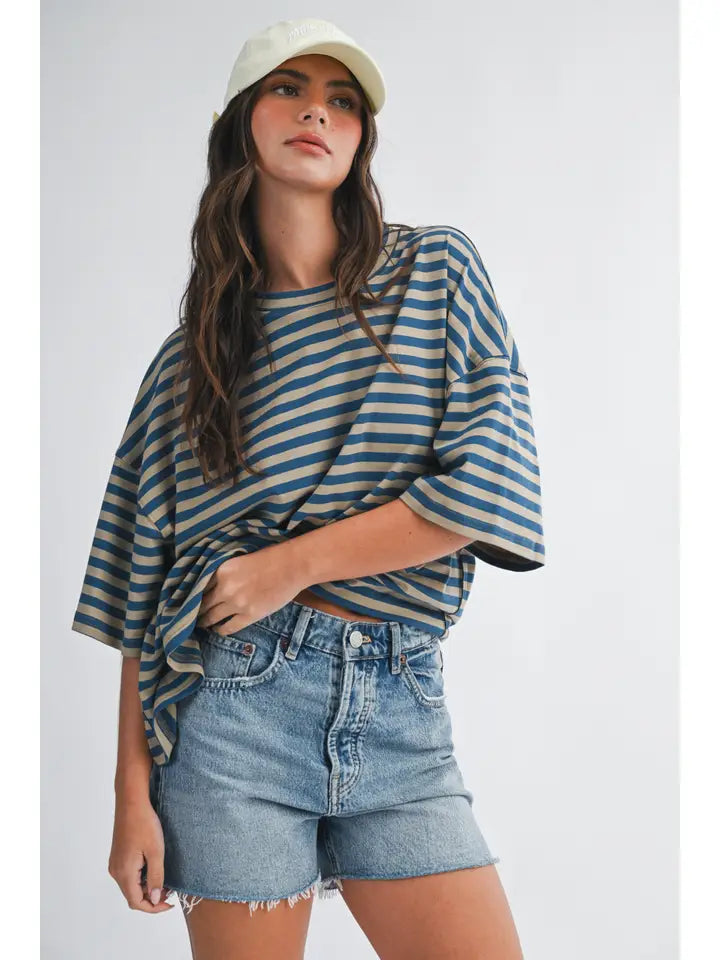Oversized Stripe Boyfriend Tee- Tan