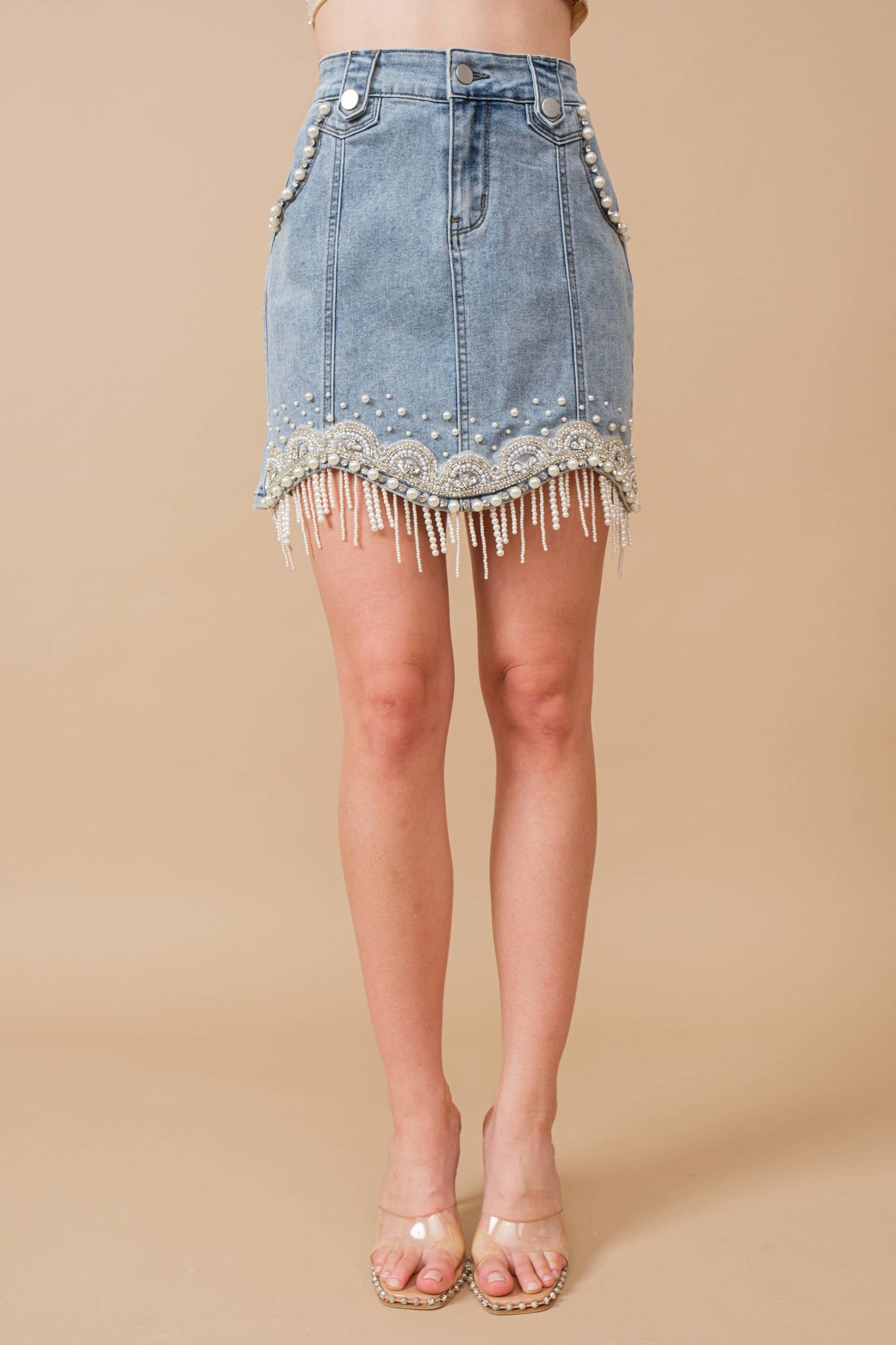 Denim Embellished Fringe Mini Skirt