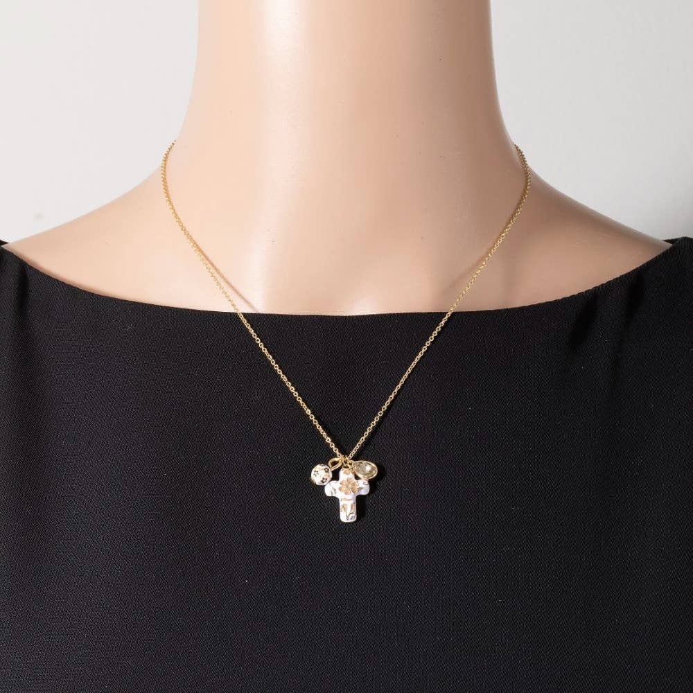 Ceramic Floral Cross And Bead Charms Chain Necklace