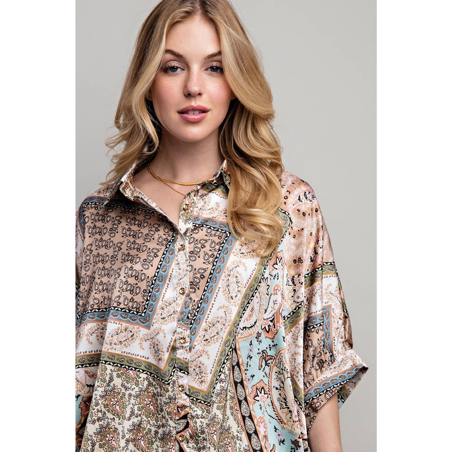Satin Print Button Down Shirt: Mocha