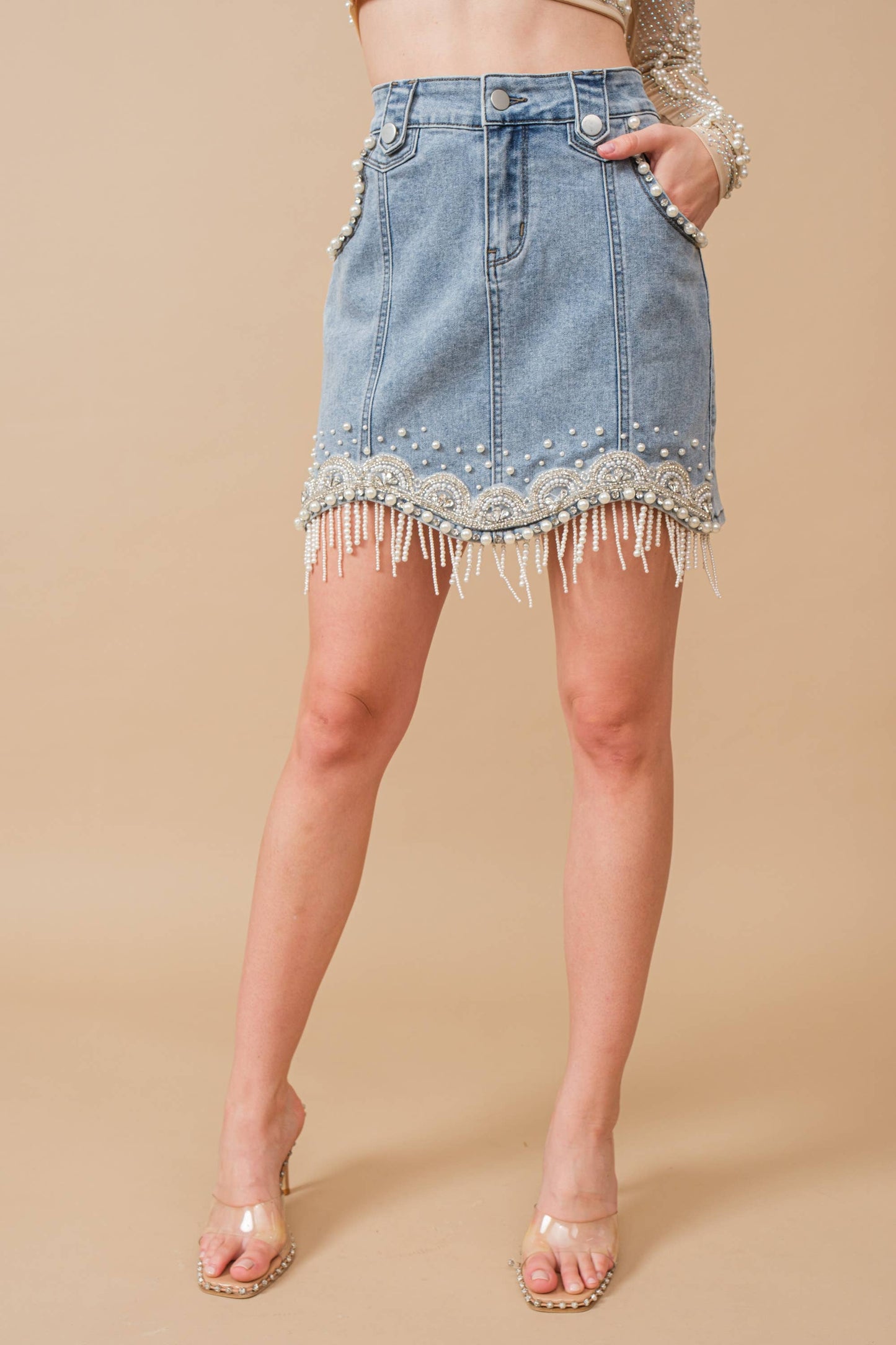 Denim Embellished Fringe Mini Skirt