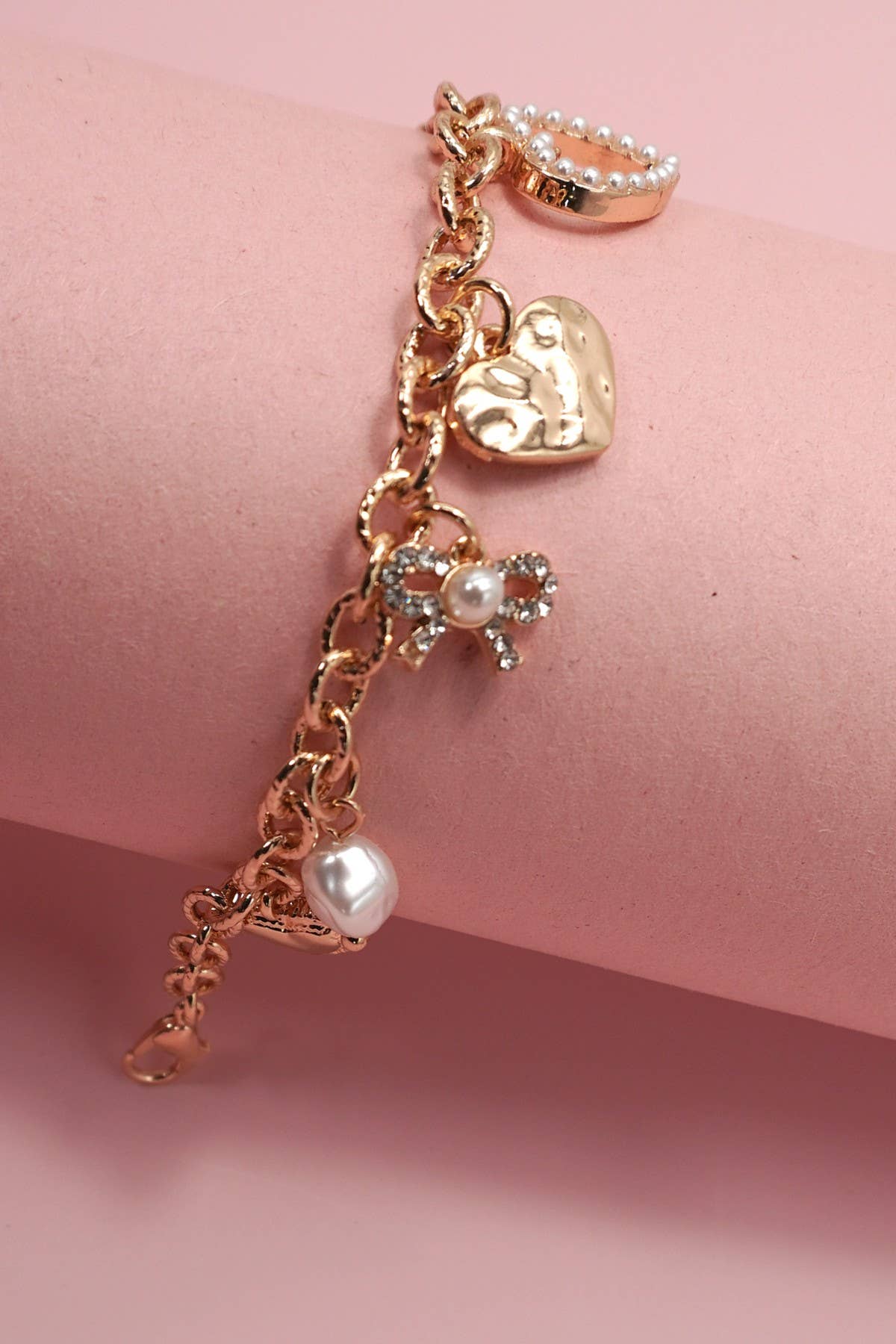BOW HEART PEARL CHARM BRACELET