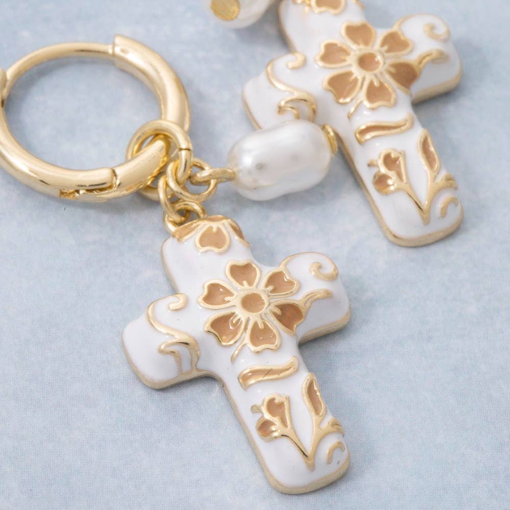 Ceramic Floral Cross And Pearl Charms Hoop Earrings
