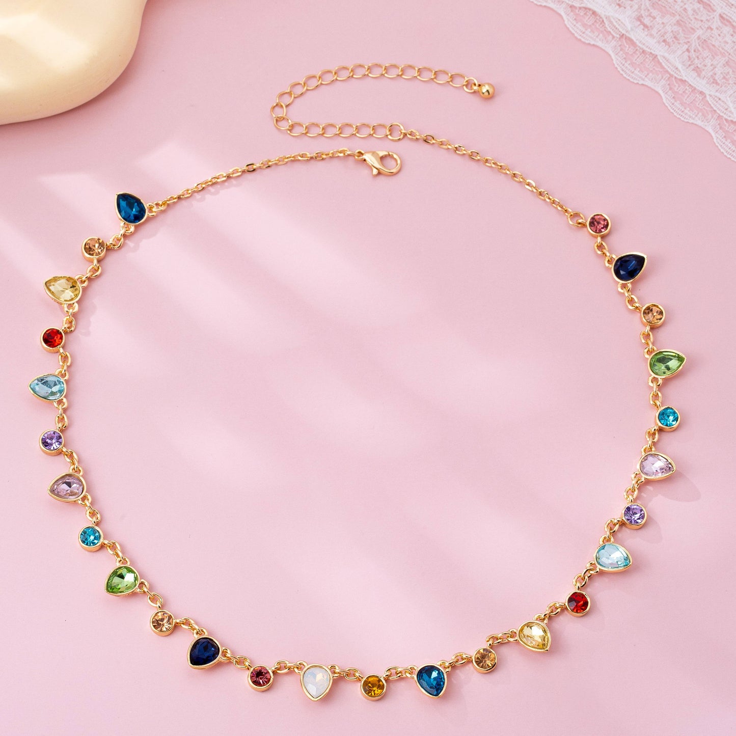 Rainbow Teardrop Gemstone Charm Necklace |  Gold