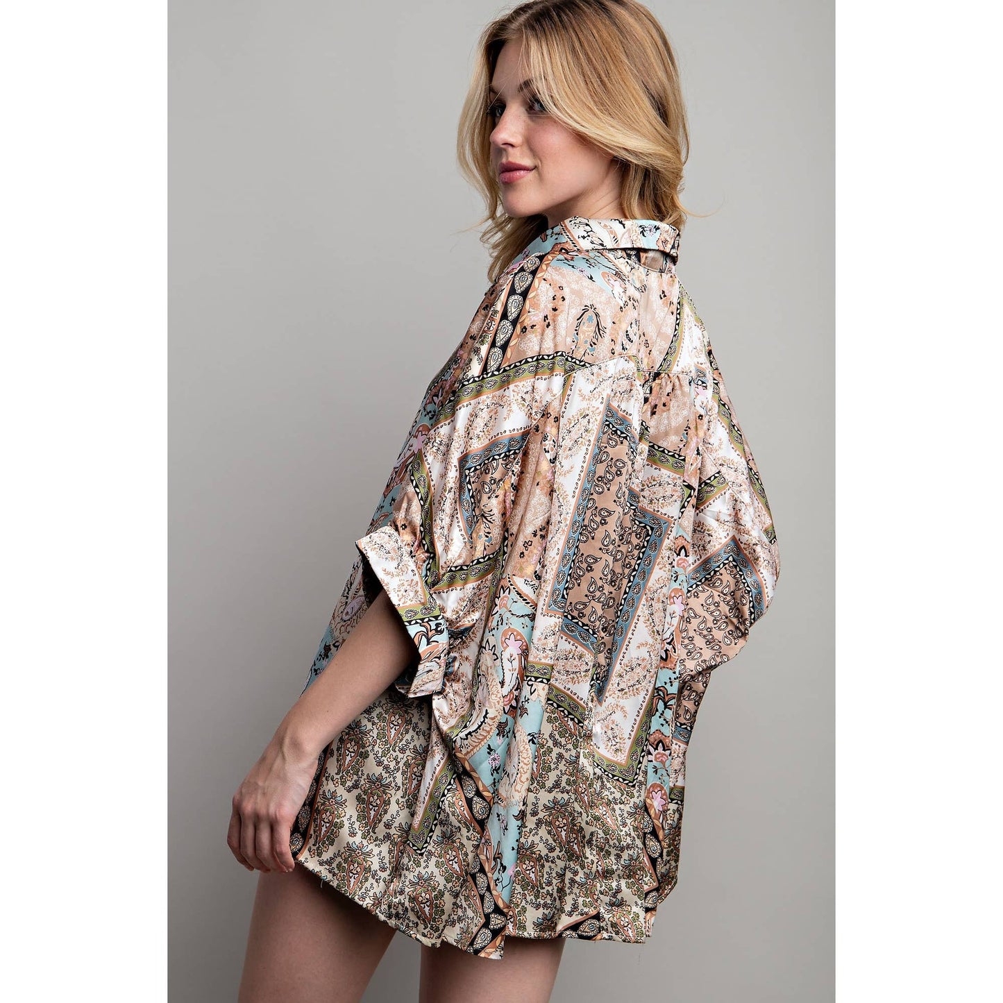 Satin Print Button Down Shirt: Mocha