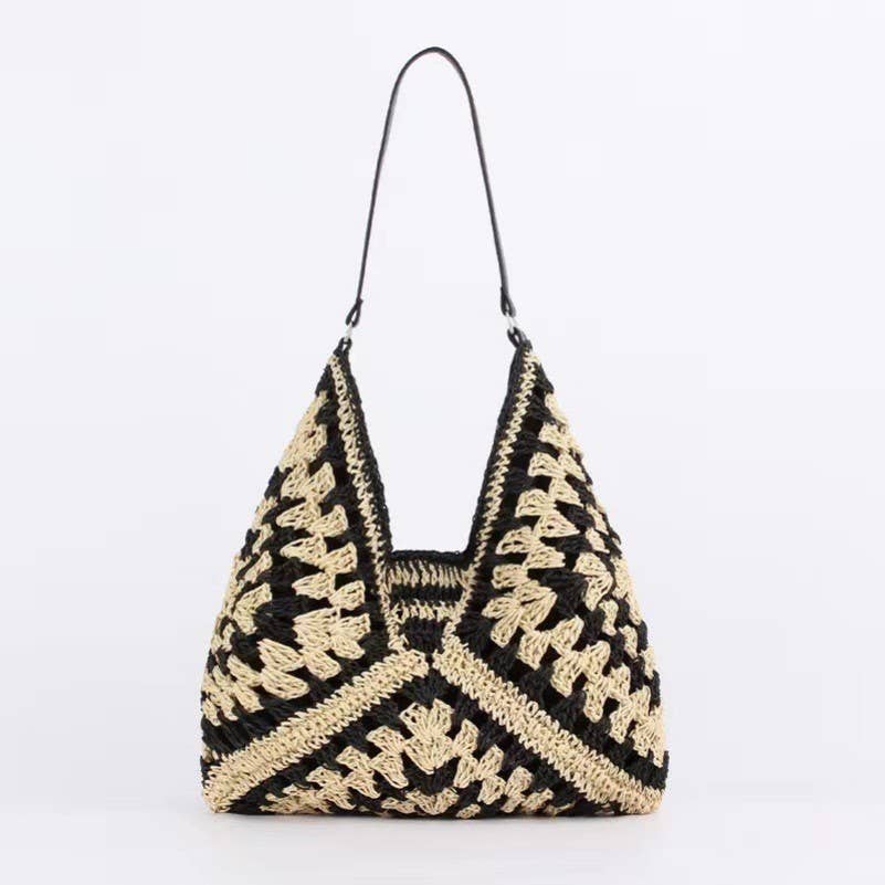 Crochet Open-Weave Boho Handbag | Black Mix