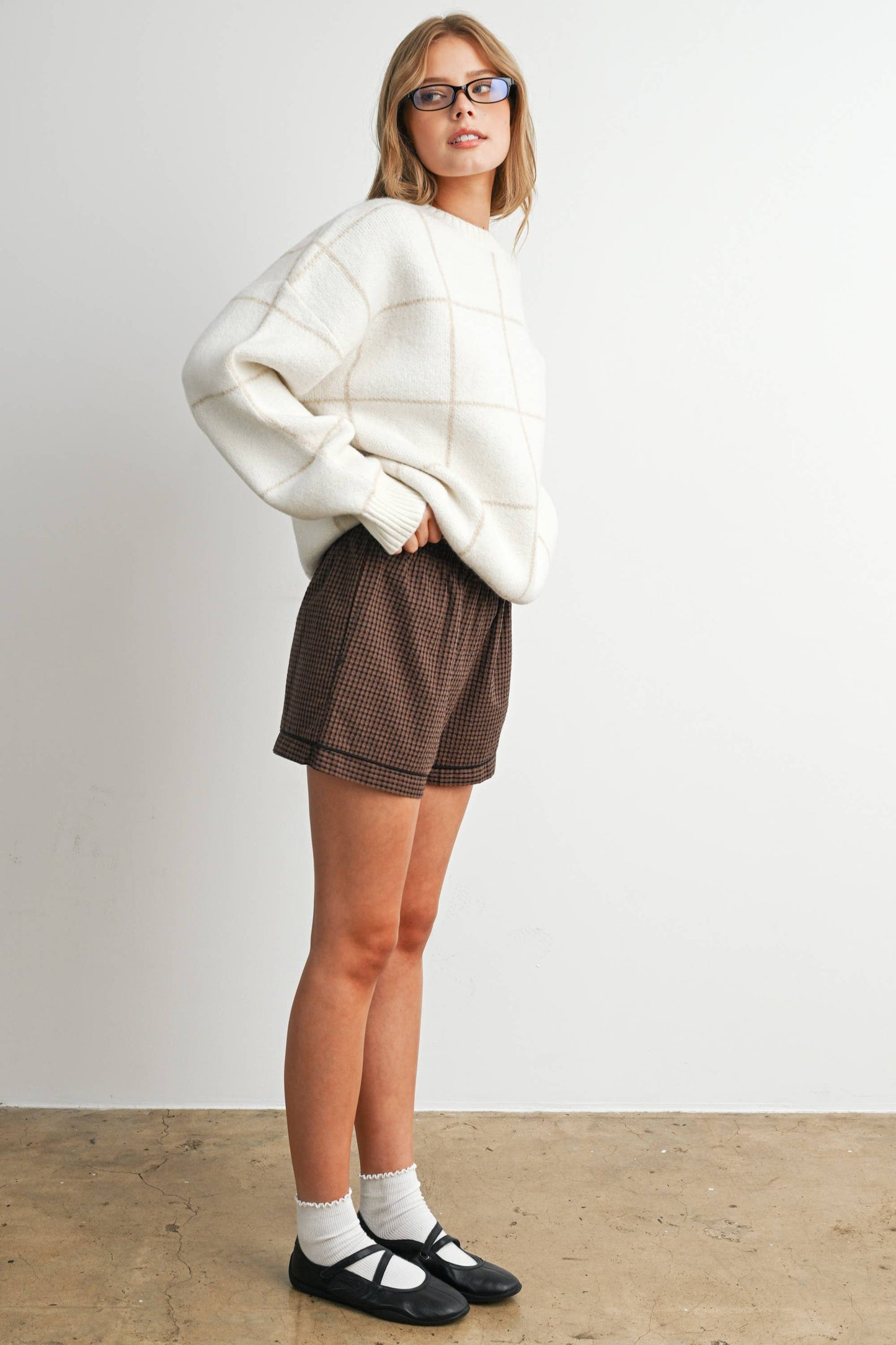 Checkered Crew Neck Knit Sweater